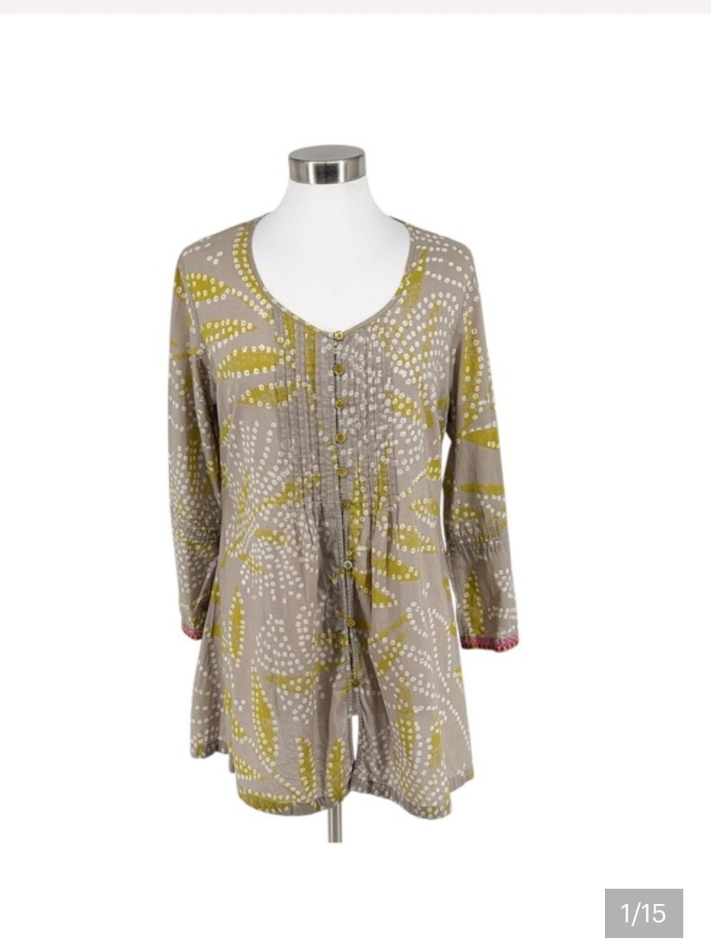 Gudrun Sjoden Taupe Tunic with Chartreuse Dot & Leaf Print